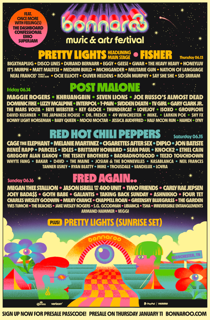 Bonnaroo 2024 Poster with all artist names playing the festival