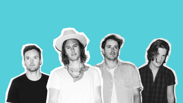 Atlas Genius Band Members press photo for On A Wave single including the band members standing in a row with blue background