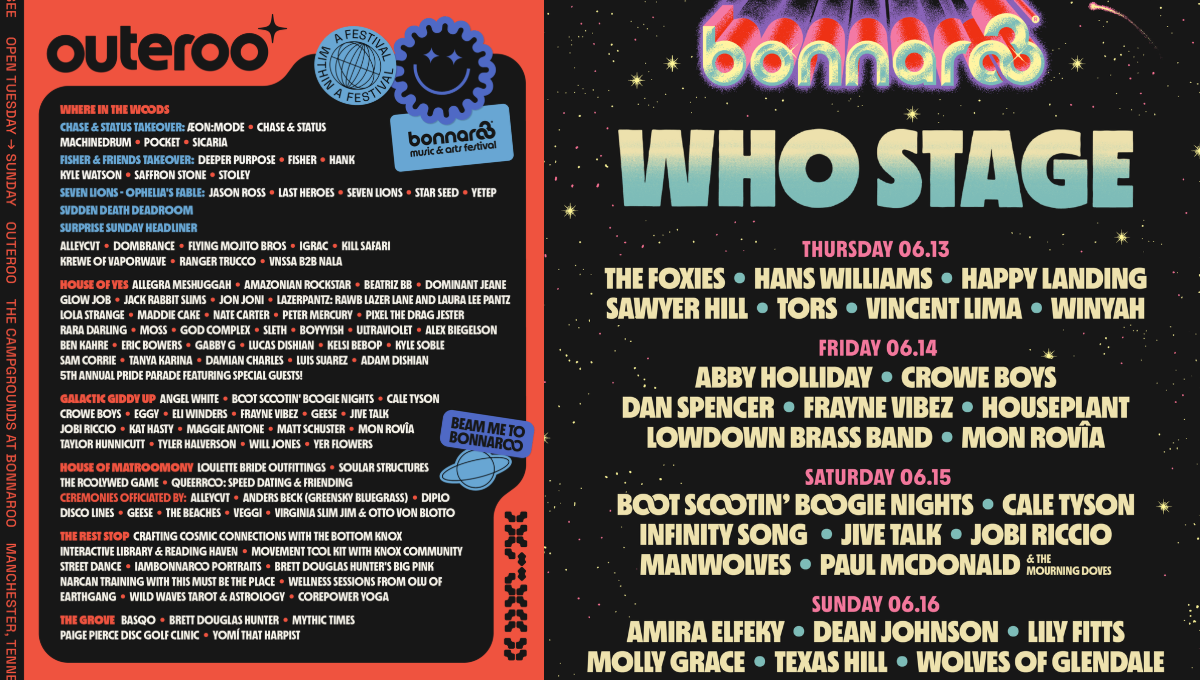 Bonnaroo 2024 Update Header Image with Outeroo Lineup poster and Who Stage Lineup Poster