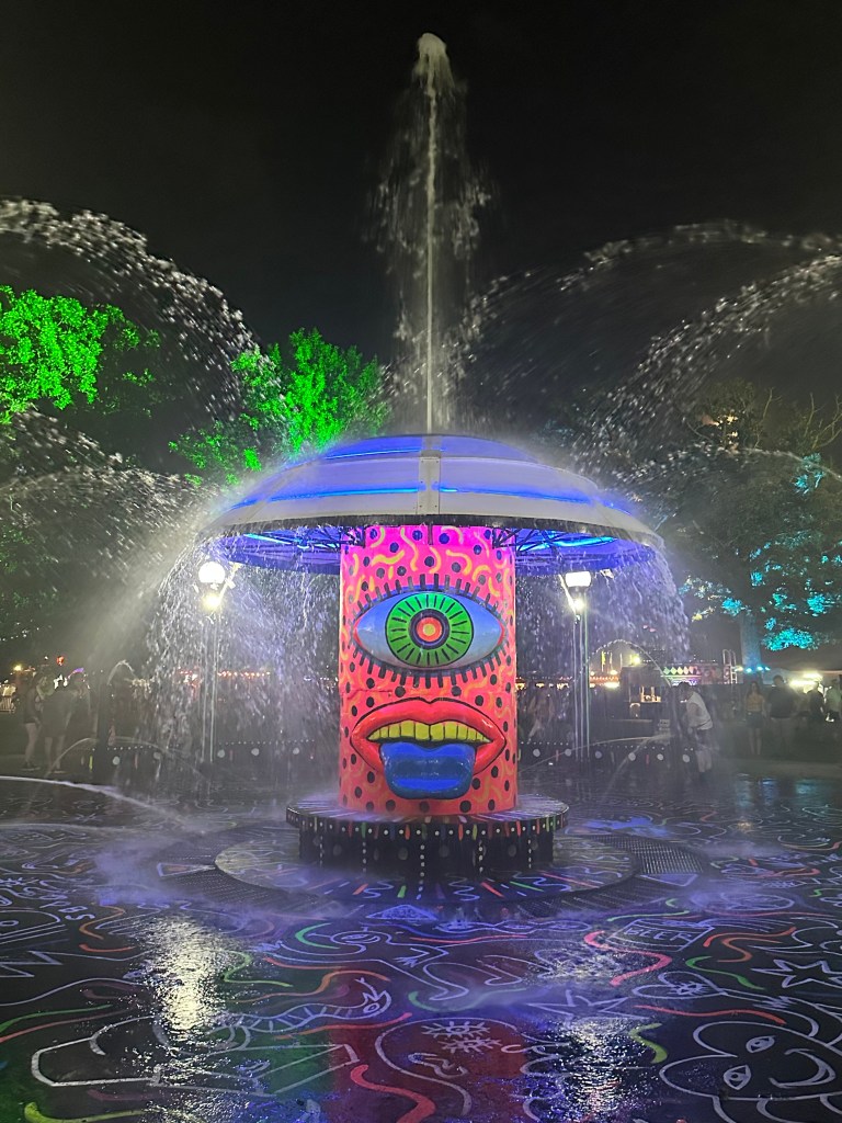 The Fountain at Bonnaroo Music and Arts Festival 2025 lit up at night