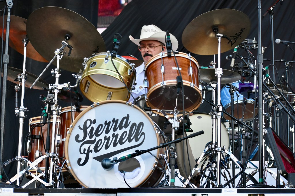 Drummer performing with Sierra Ferrell at Hinterland Music Festival 2025