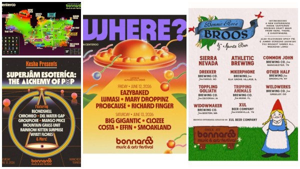 Bonnaroo Update Collage including craft beer, late night, superjam and map of grounds