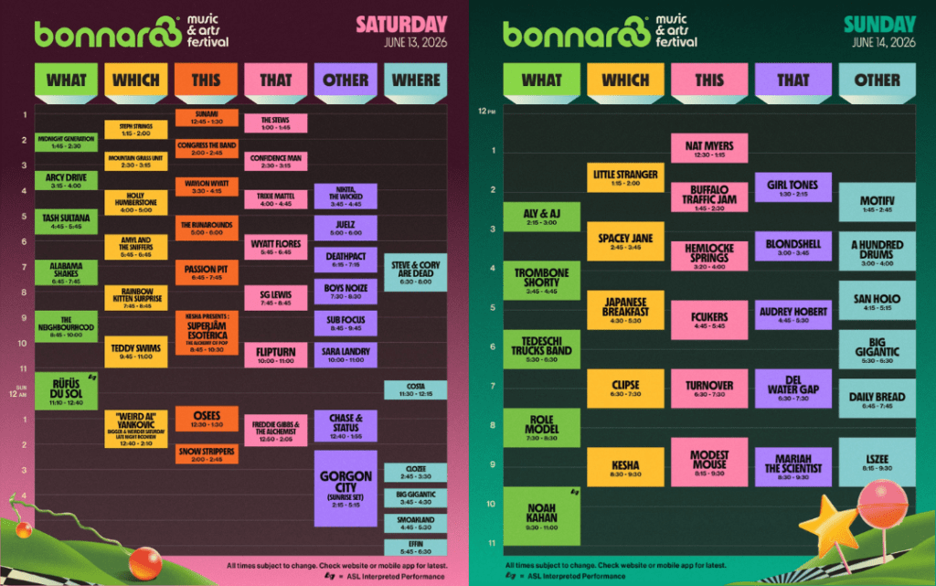 Bonnaroo 2026 Saturday and Sunday Schedules